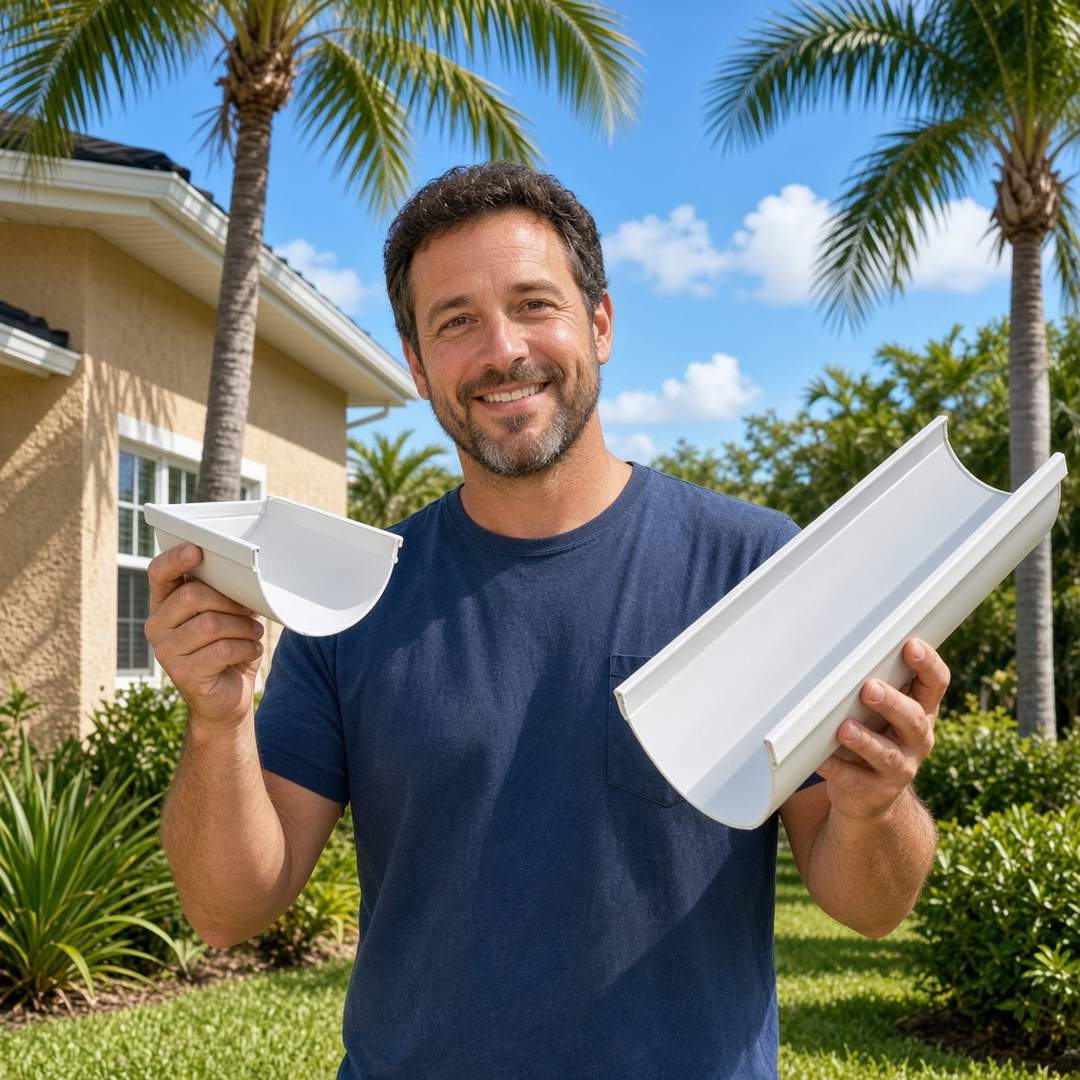Worker holding a 5-inch and a 6-inch K-style aluminum gutter section side by side at a Florida home