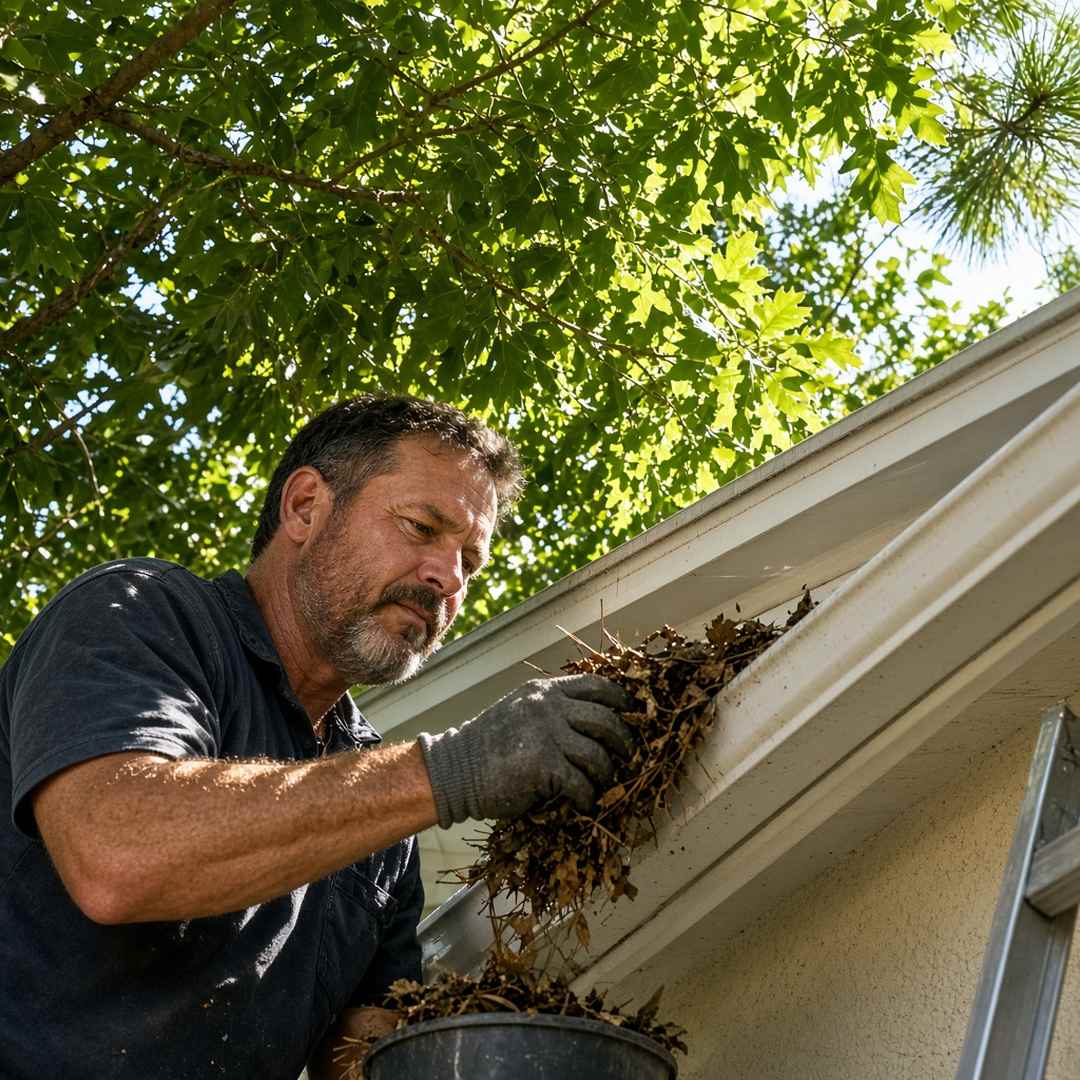 Worker on a ladder clearing a gutter trough beneath heavy oak and pine canopy at a Palm Coast home