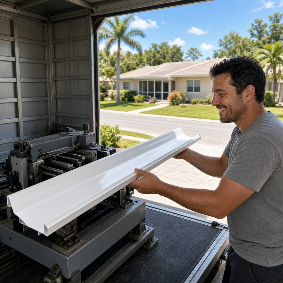 Installer at a truck-mounted roll-former with a long formed aluminum gutter at a Florida home