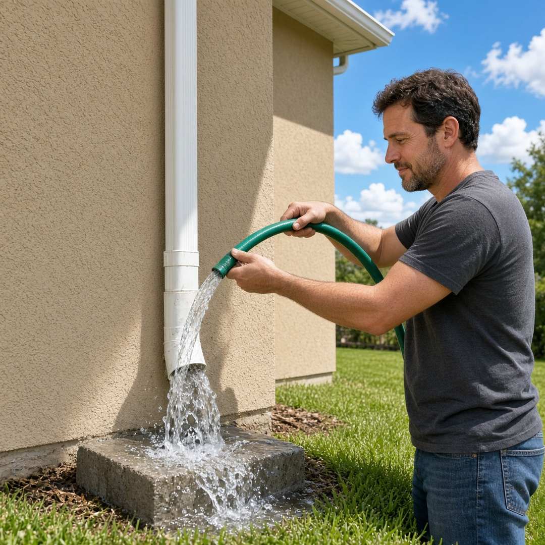 Installer flushing a downspout with a hose and watching the water run clear at the splash block beside a Palm Coast stucco home