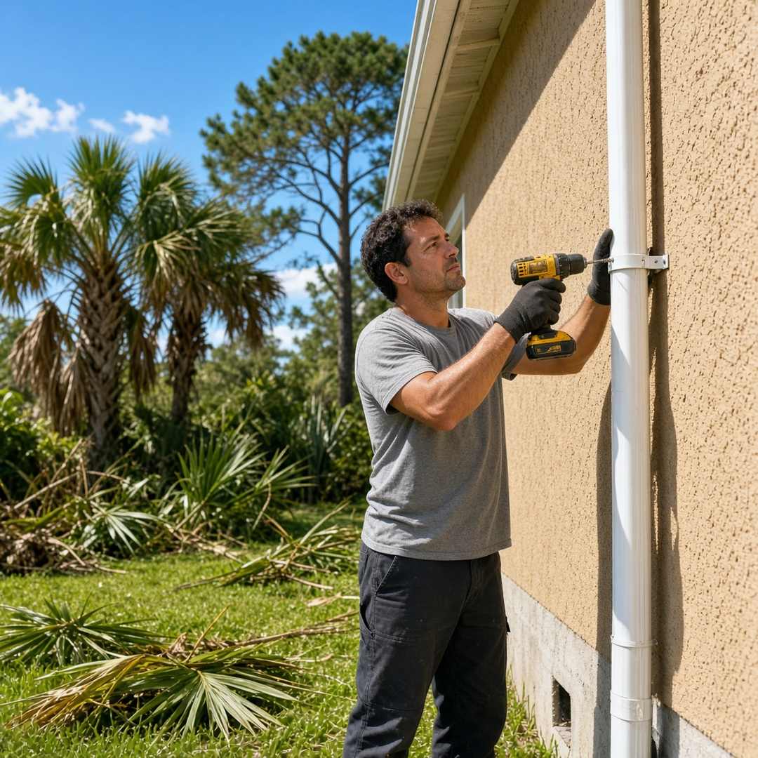 Worker reattaching a white downspout to a stucco Palm Coast wall after storm damage, palm and pine trees in the yard