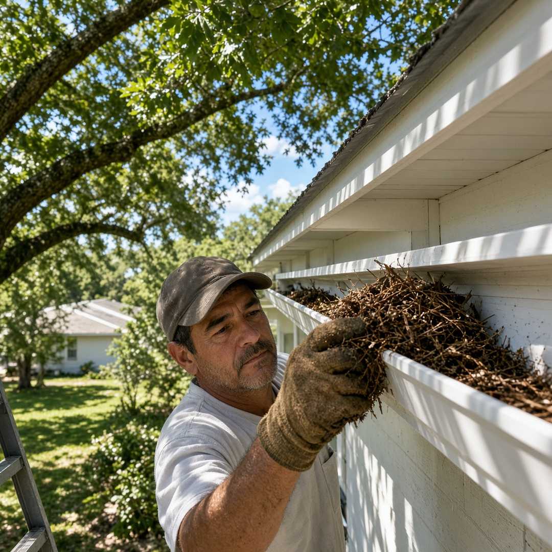 Worker on a ladder scooping packed pine needles and leaves from an open gutter trough on a single-story Palm Coast home under oak canopy