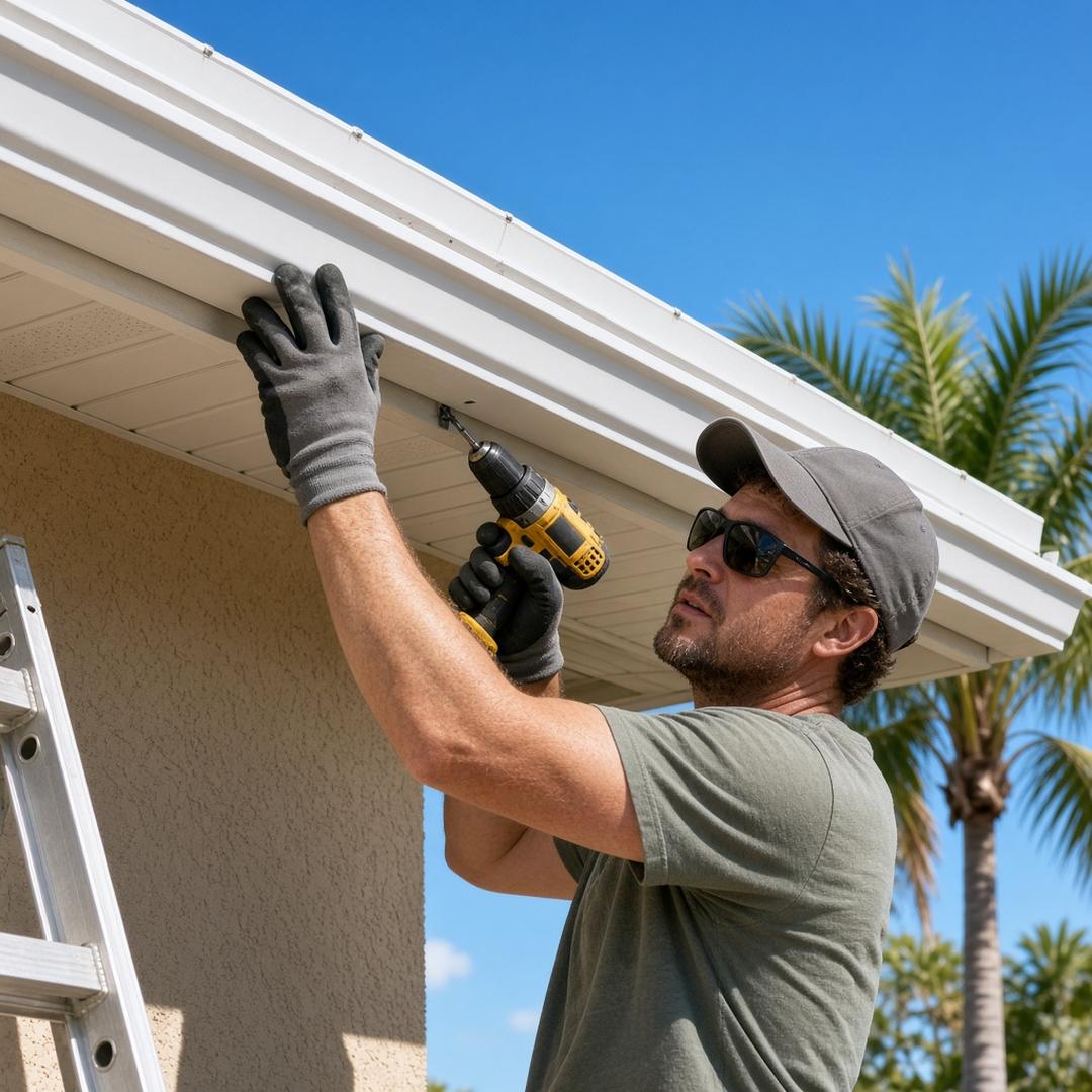 Installer re-hanging a sagging gutter run on a single-story Palm Coast stucco home, holding the trough level while fastening a hidden hanger