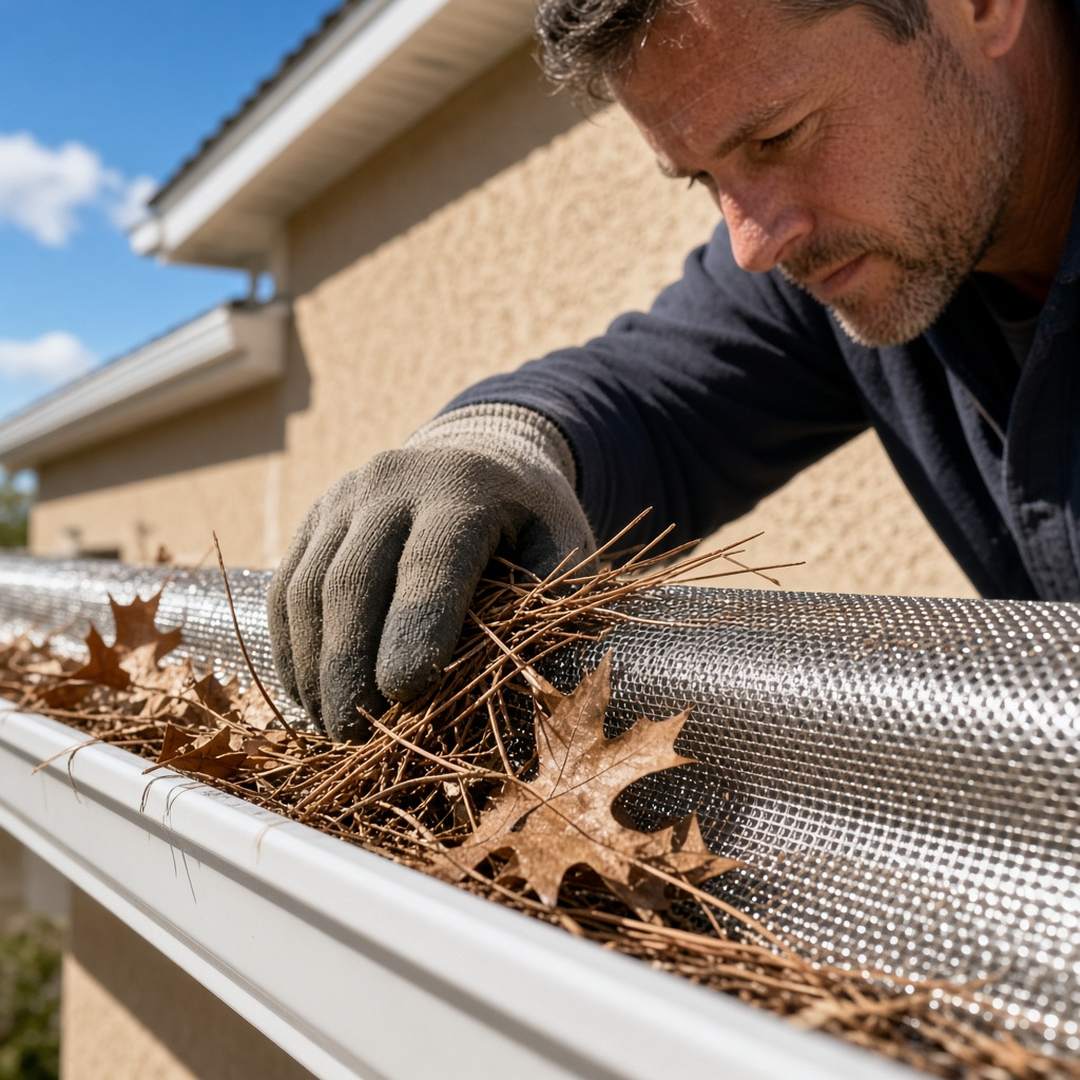 Close detail of pine needles and oak leaves resting on a micro-mesh gutter guard with a worker brushing them off at a Palm Coast home