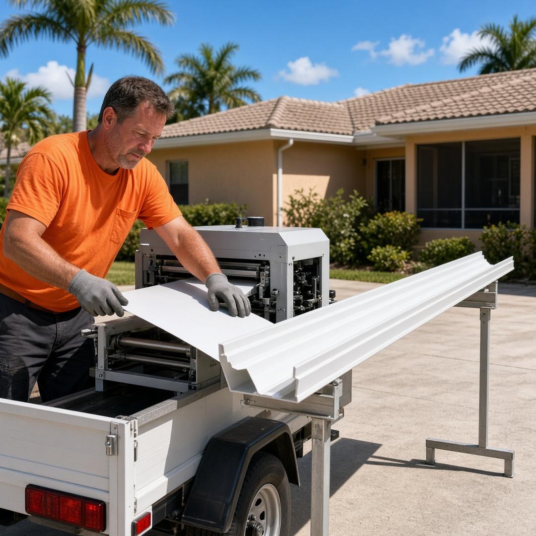 Installer feeding aluminum coil into a truck-mounted roll-forming machine on a Palm Coast driveway, a long formed gutter run extending out