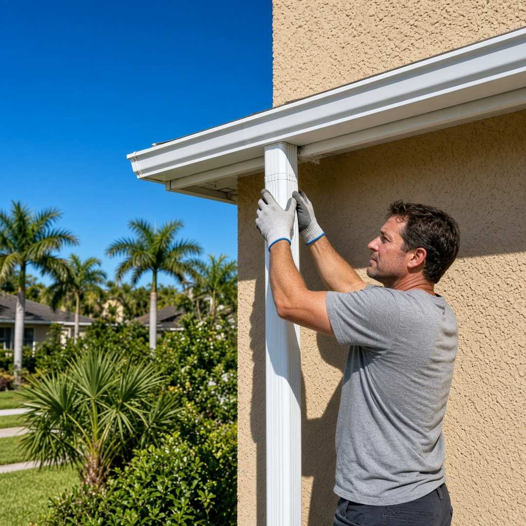 Worker setting a newly hung 6-inch seamless aluminum gutter and white downspout against a tan stucco Palm Coast wall